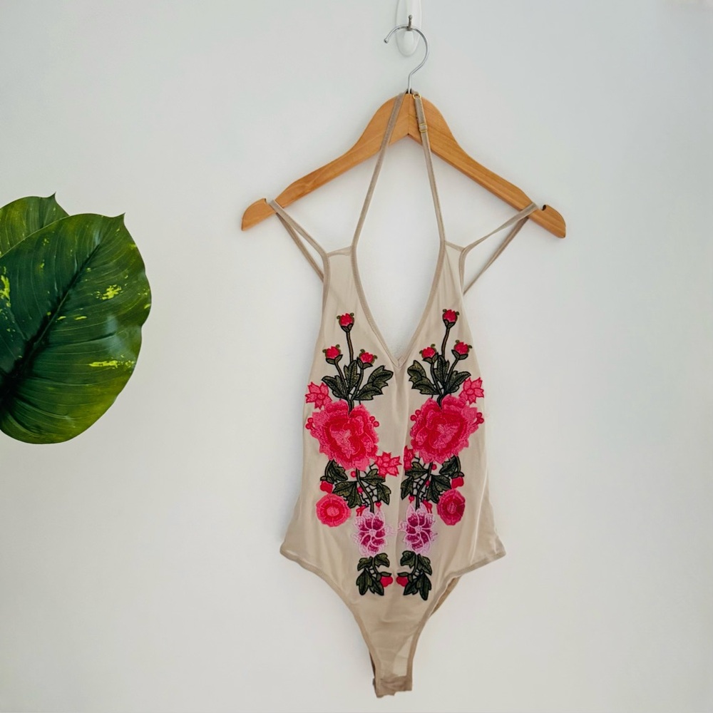 SHEIN | Mesh Bodysuit With Floral Patchwork Embellishment Size Small